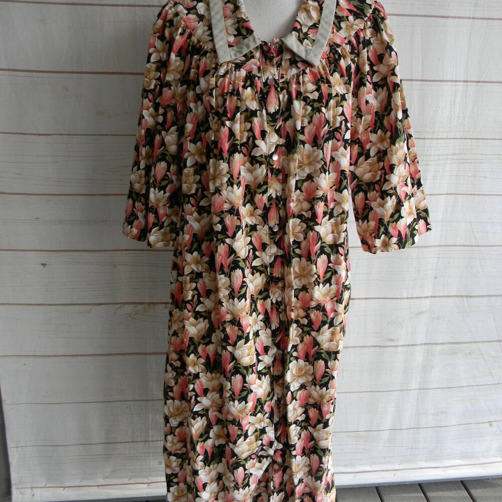 Models Coat House Dress Womens 2X PINK Floral Snap Up 3/4 Sleeve Cotton COLLAR